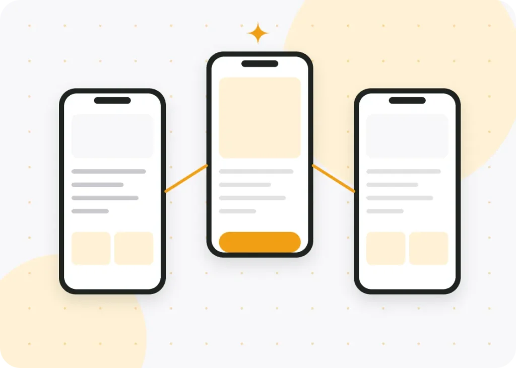 Mobile app prototype screens connected in a flow