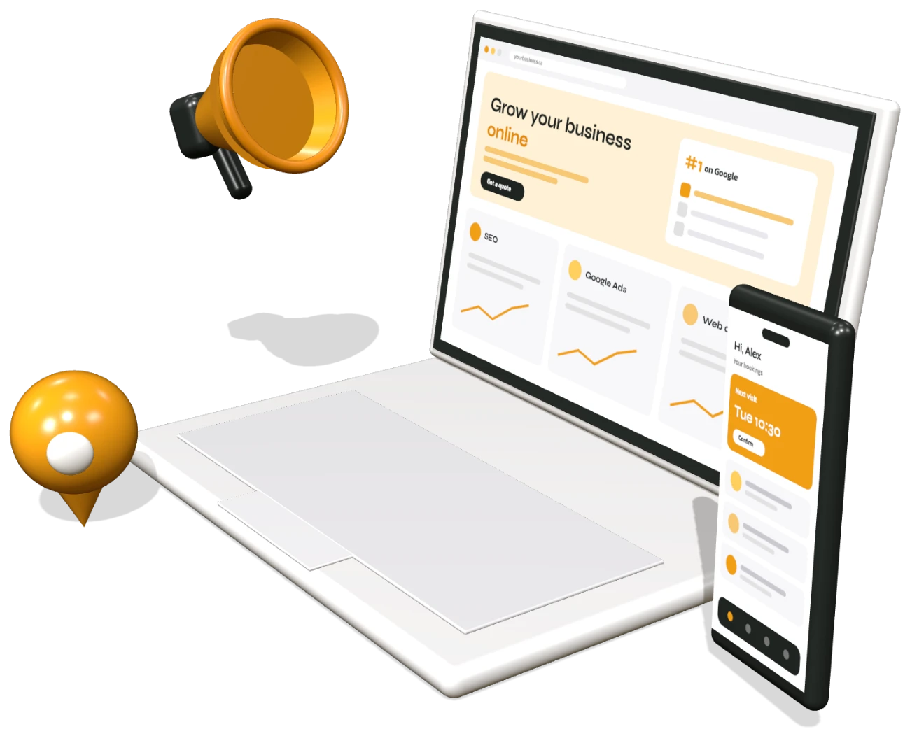 3D laptop showing a business website, a mobile app on a phone, a map pin for local SEO and a megaphone for marketing