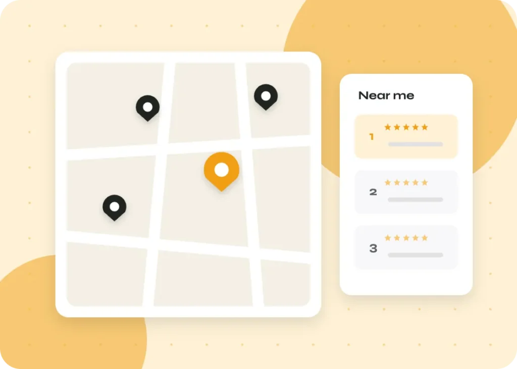 Map with local business pins and a near me list