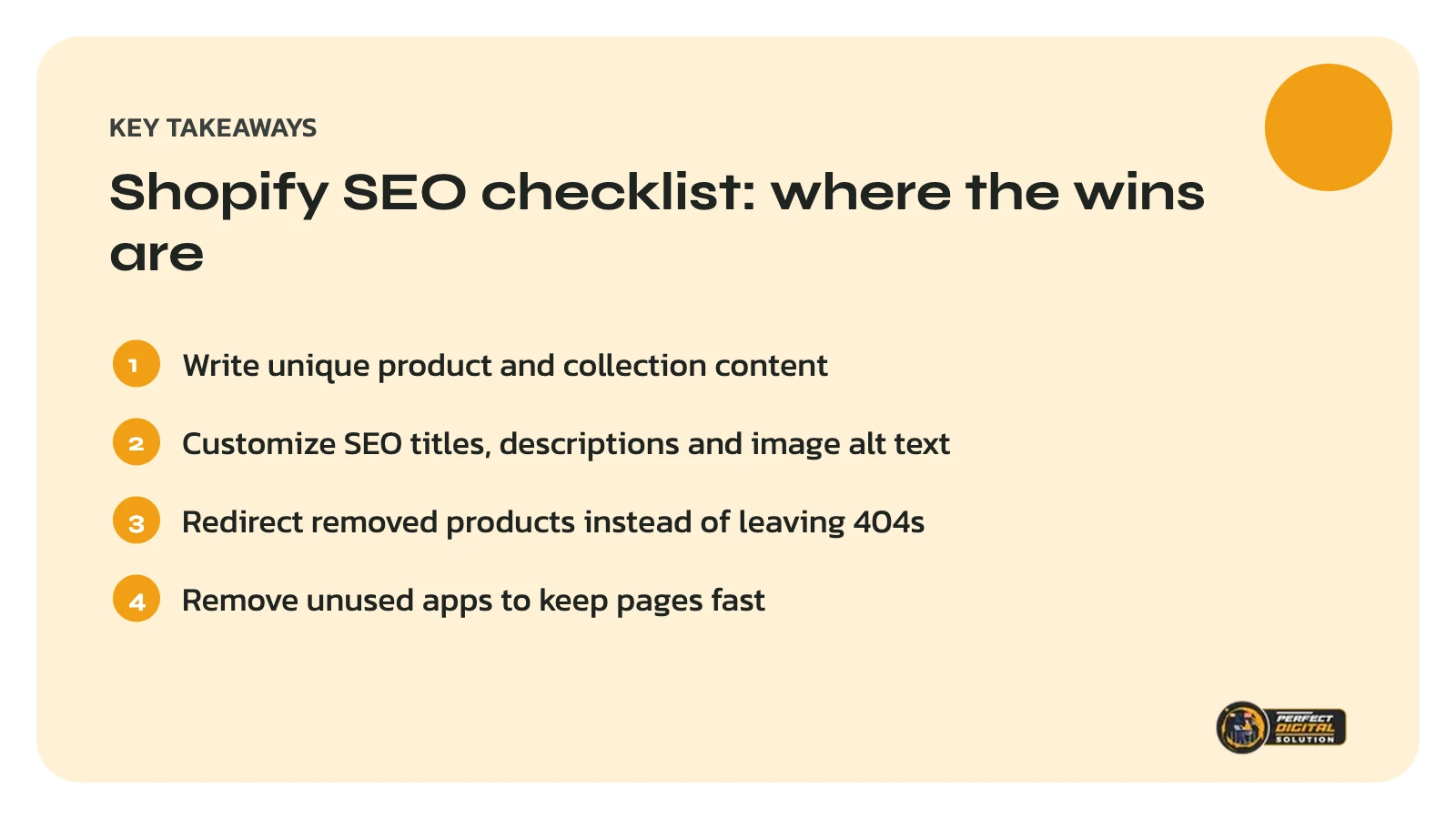 Shopify SEO checklist key takeaways for product and collection pages