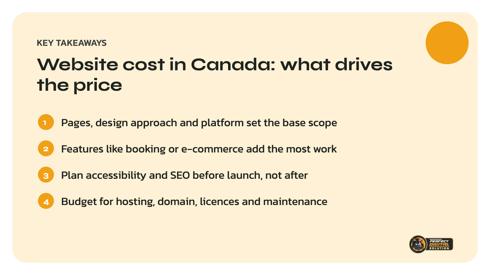 Website cost in Canada key takeaways: pages, features, accessibility and ongoing costs